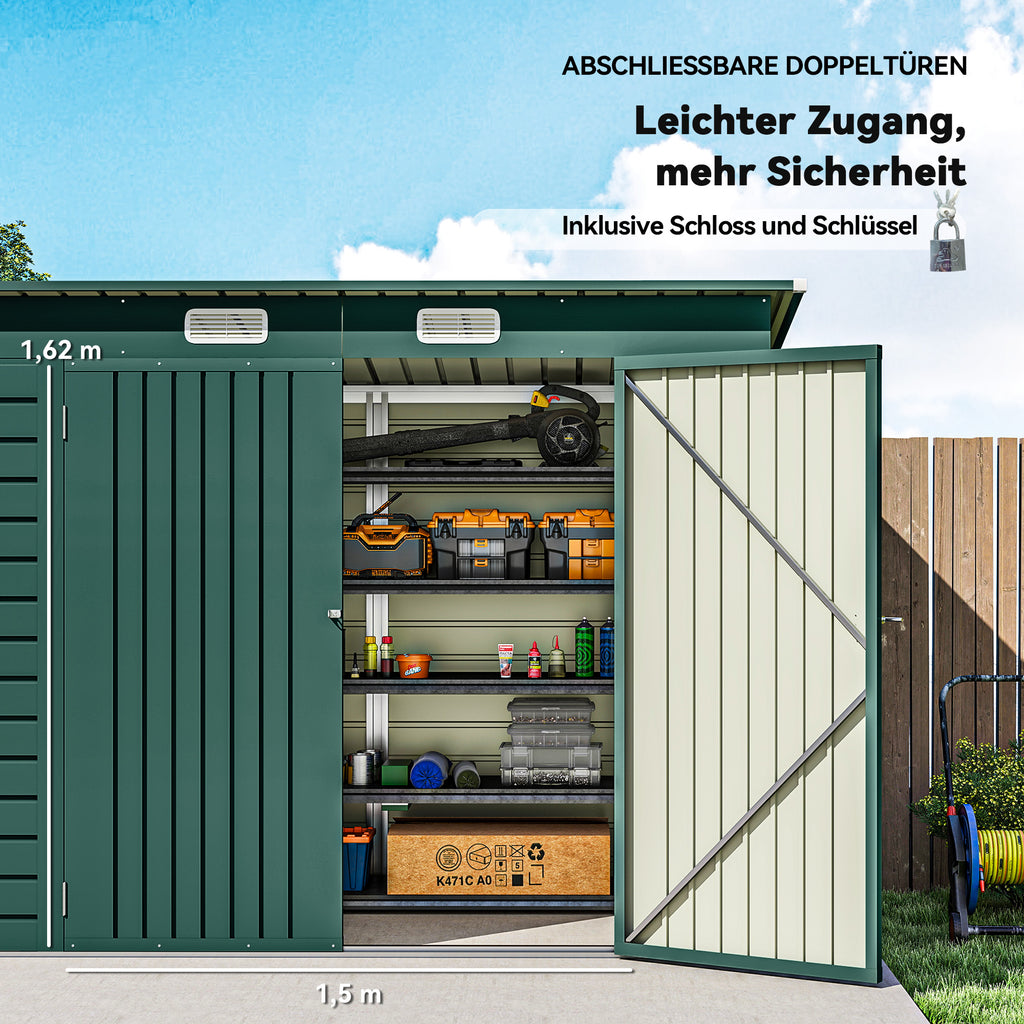 3.7 x 7.9ft Galvanised Steel Shed, with Latched Door and Padlock - Green