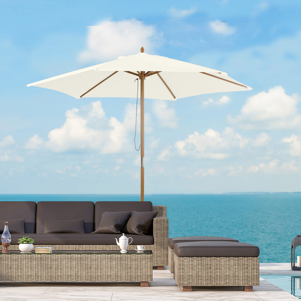 2.5m Patio Umbrella, Wood Garden Parasol, Sun Shade with 6 Ribs and Top Vent for Outdoor, White