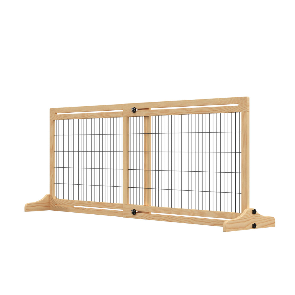 Freestanding Dog Gate, Foldable Pet Fence, Indoor Wood Barrier, Stair Gate with Support Feet, for Doorway, Hallway, Small and Medium Dogs, 69H x 104-180 cm, Natural Wood Finish