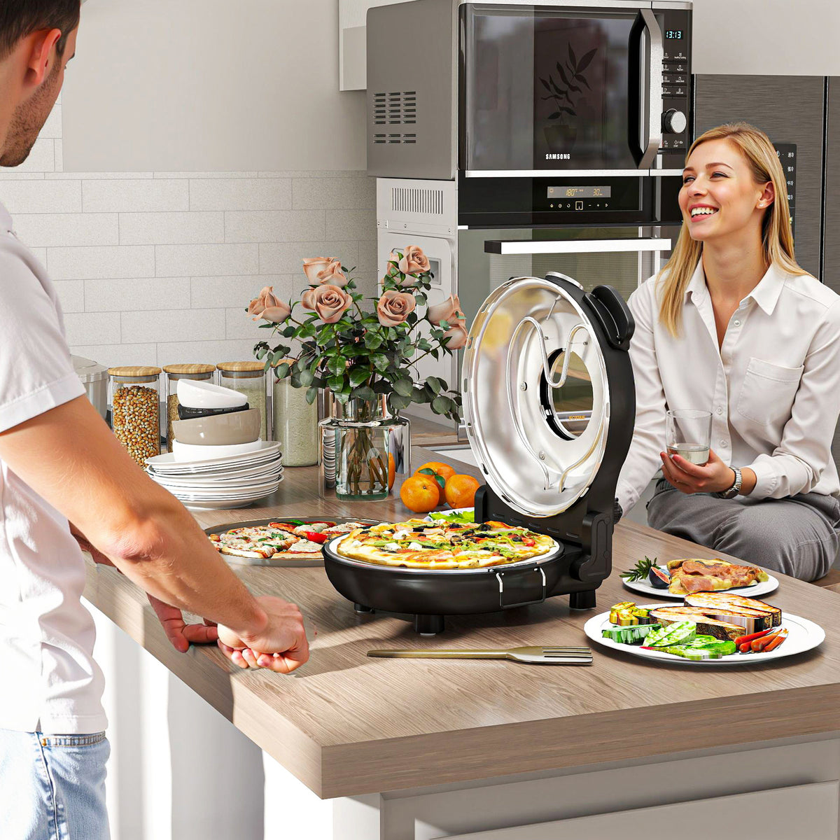 Pizzaofen elektrisch 430 ¡æ, 1200 Watt Pizzab?cker mit 30cm Steinplatte Timer Sichtfenster Edelstahl Schwarz