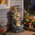 Springbrunnen Outdoor aus Kunstharz fünfstöckig Gartenbrunnen mit LED Beleuchtung Pumpe Steinoptik 34 x 36 x 80 cm
