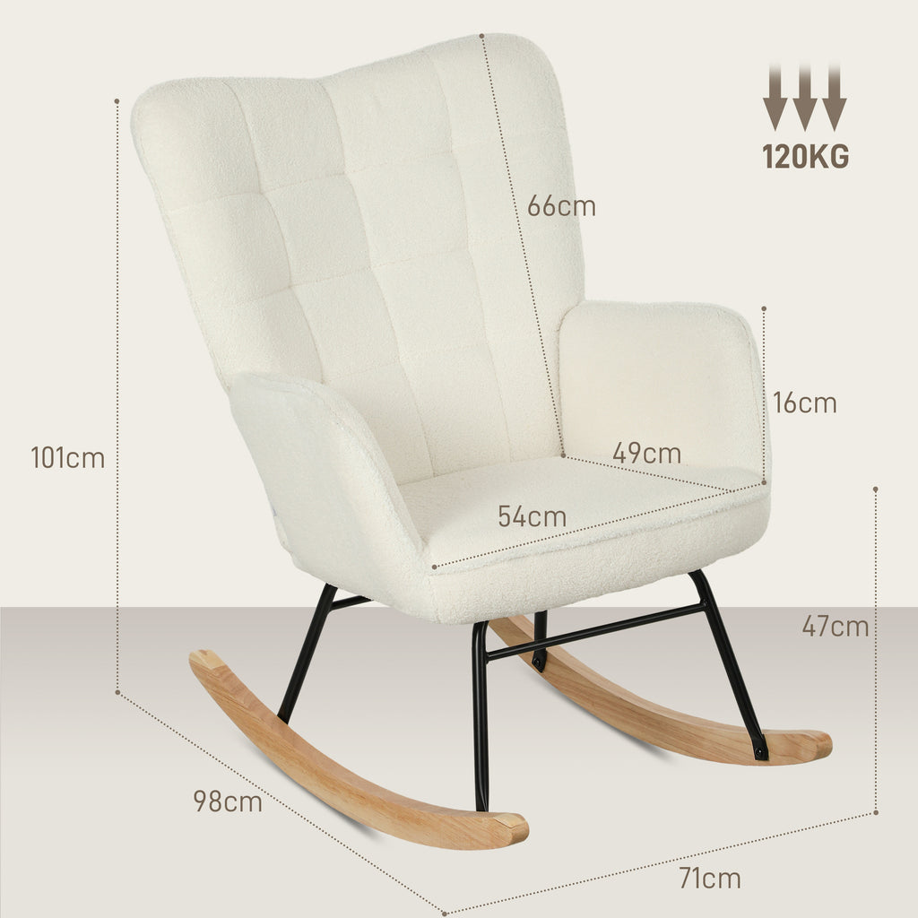 Schaukelstuhl in Vliesoptik mit Armlehnen, Ergonomischer Sessel mit Holzkufen, für Wohnzimmer, Schlafzimmer, Weiß