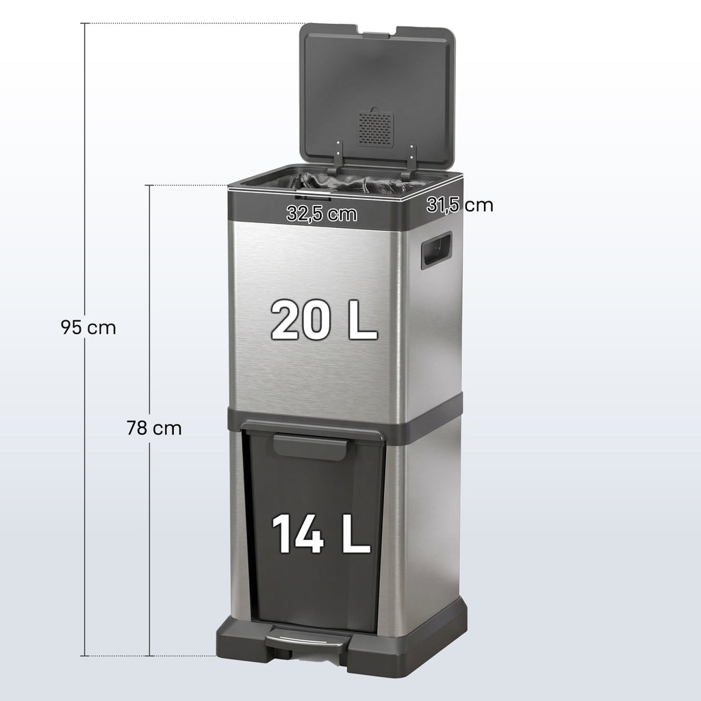 34L Double Compartment Kitchen Bin, with Soft-Close Lid