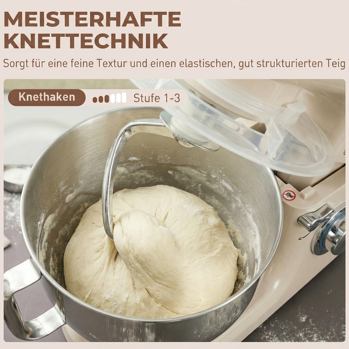 Küchenmaschine Knetmaschine mit 4,5L Edelstahlschüssel 1300W Teigmaschine mit 6+P Geschwindigkeit Beige