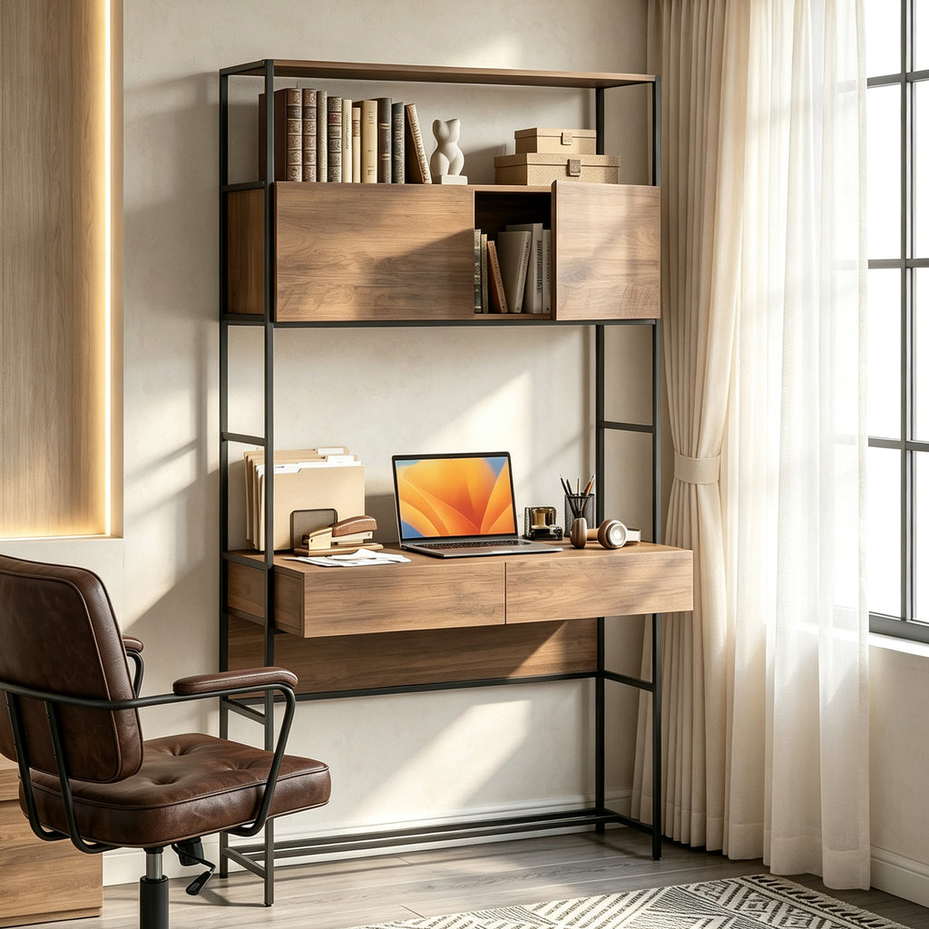 Computertisch mit Regalen und 2 Schubladen für das Home Office, 185 cm hoch, Braun Holzoptik