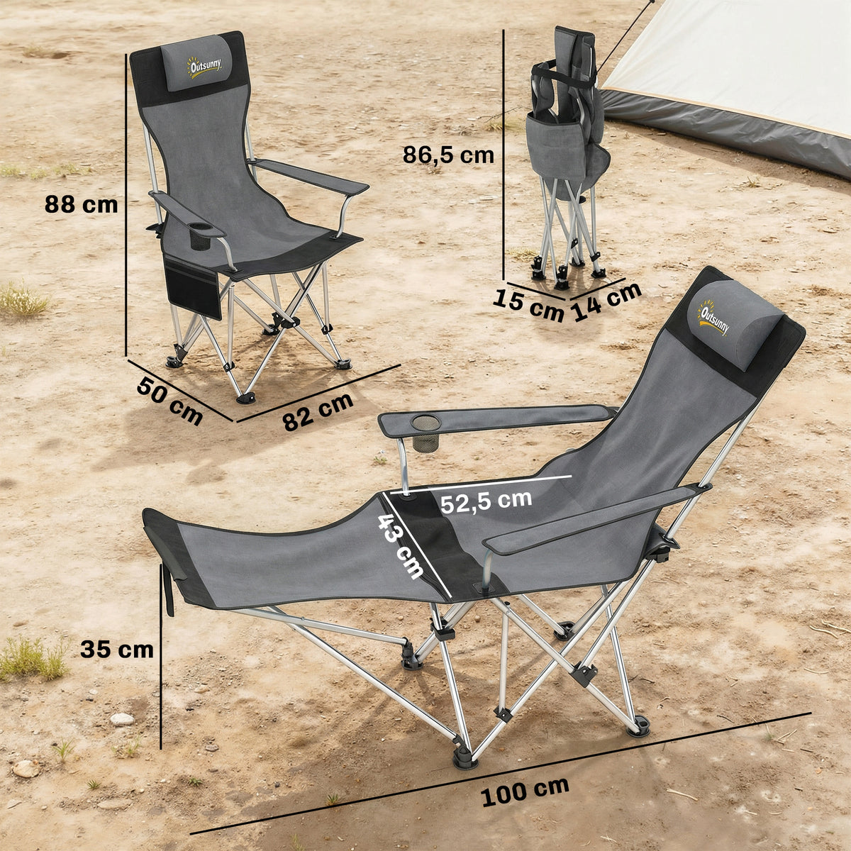 2er Set Campingstuhl faltbar Angelstuhl mit abnehmbar Fußstütze Getränkehalter belastbar 120 kg Grau