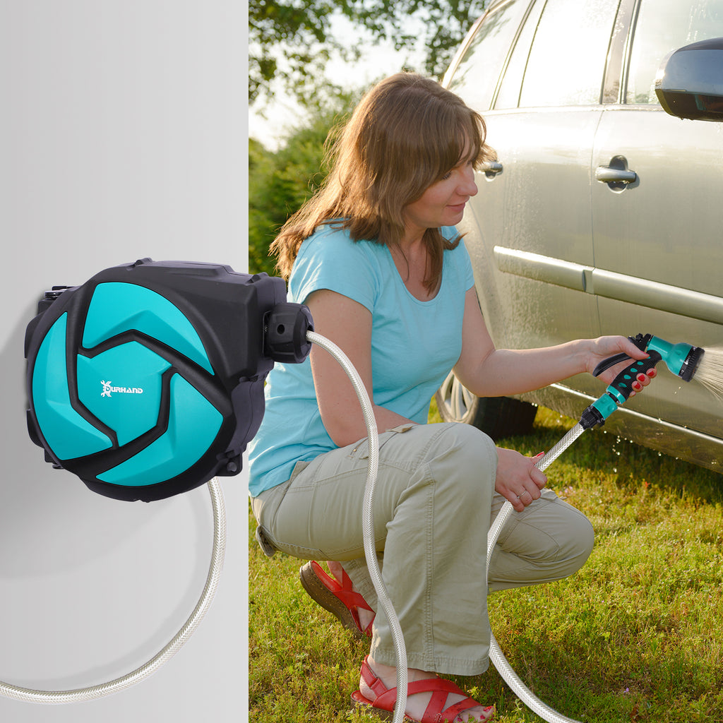 10m Garden Hose Reel Wall Mounted Auto Rewind with 7 Patterns Spray Nozzle, Includes Wall Fixings