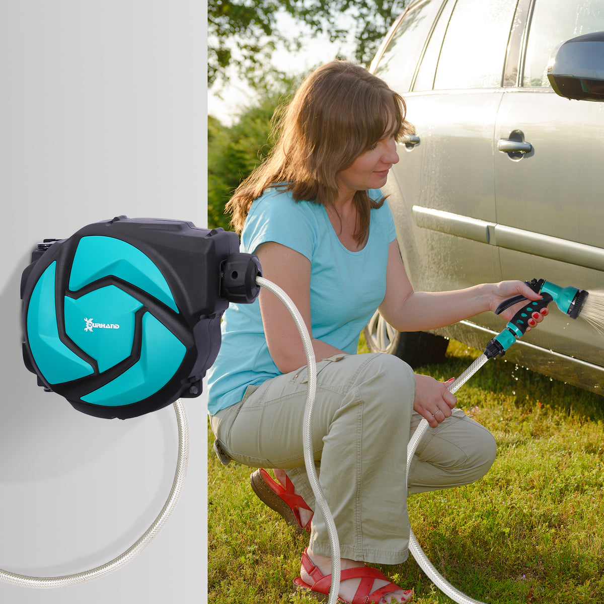 10m Garden Hose Reel Wall Mounted Auto Rewind with 7 Patterns Spray Nozzle, Includes Wall Fixings