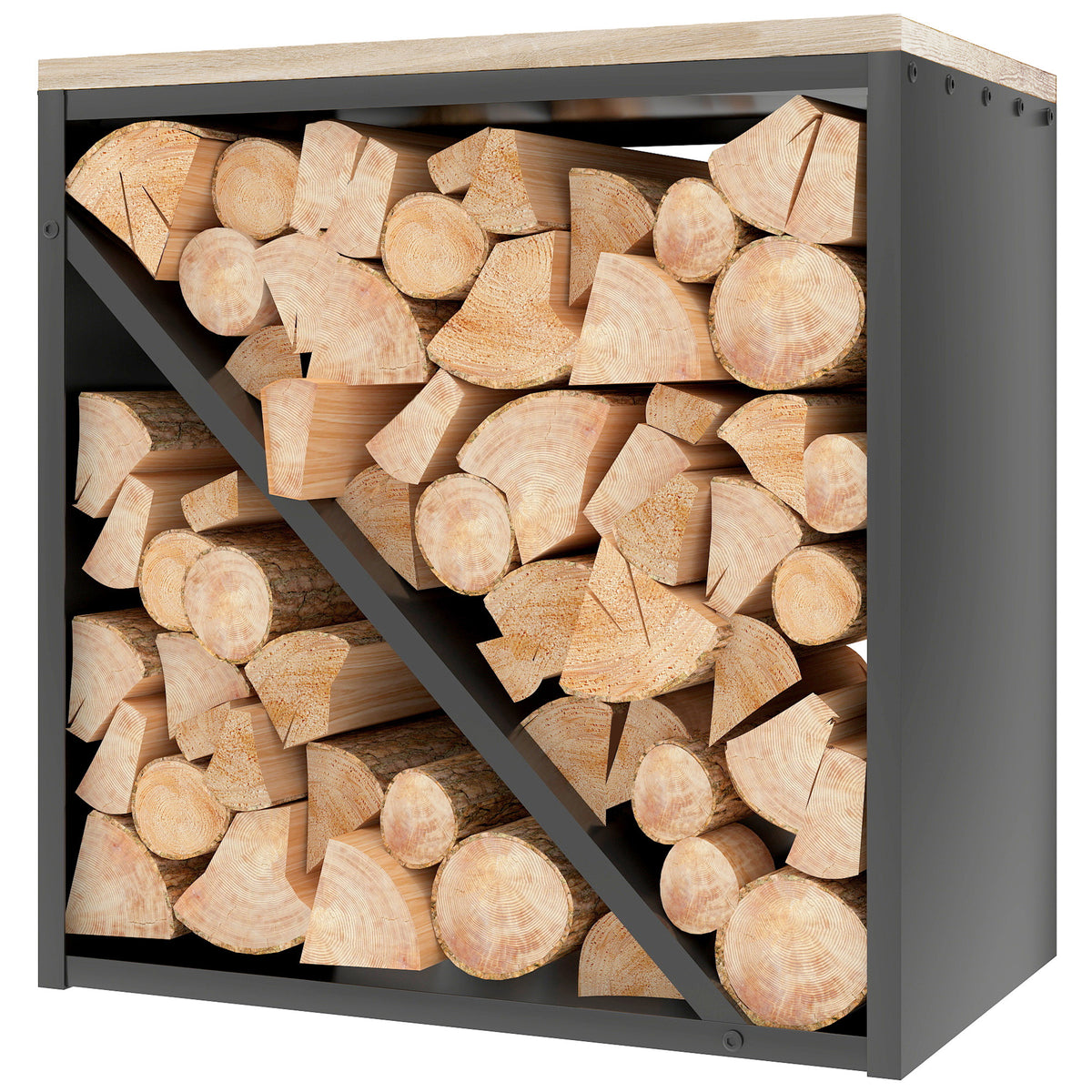 2-in-1 Kaminholzregal für innen 58 x 36 x 60cm erhöhtes Brennholzregal mit Trenner Metall Schwarz