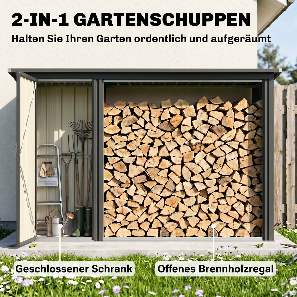 2-in-1 Kaminholzregal Außen verzinkter Stahl 235 x 67 x 149 cm Brennholzregal mit Geräteschrank Schrägdach Dunkelgrau