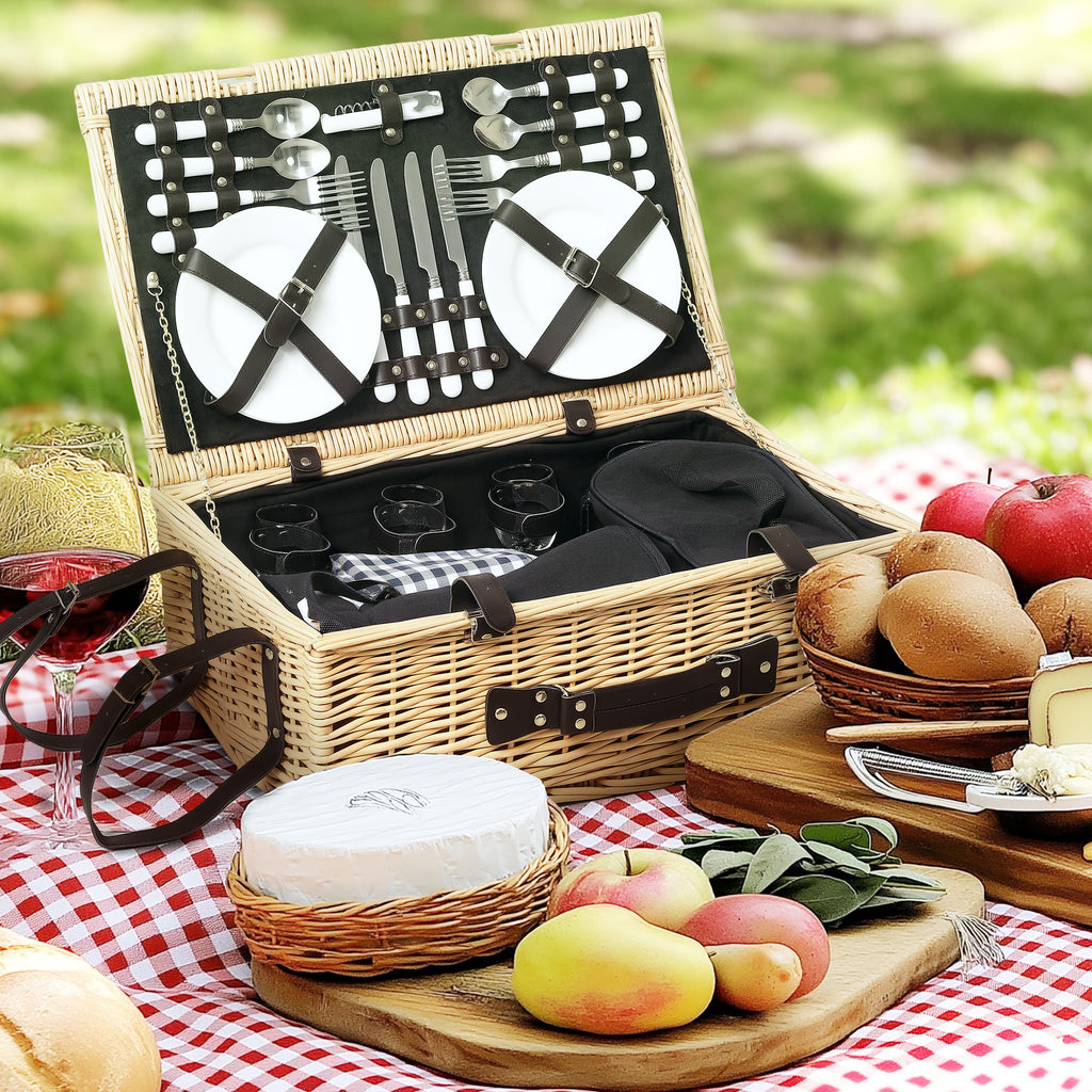 Picknickkorb aus Weidenholz Picknickkoffer für 4 Personen mit Isoliert Kühlfach Besteck Set Naturholz
