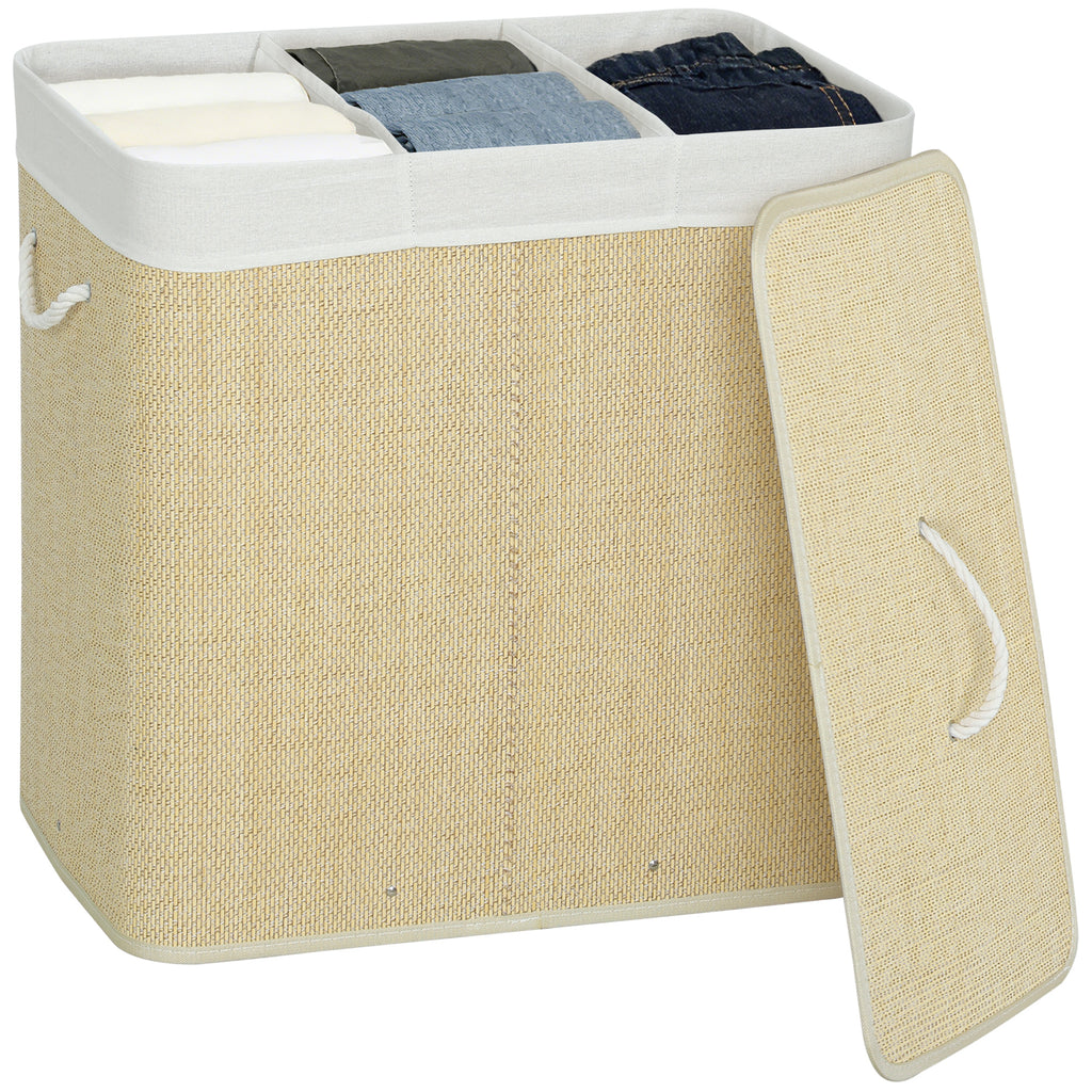 3 Section Laundry Basket with Lid, 144L Bamboo Laundry Hamper with Handles, Removable and Washable Liner, Cream White