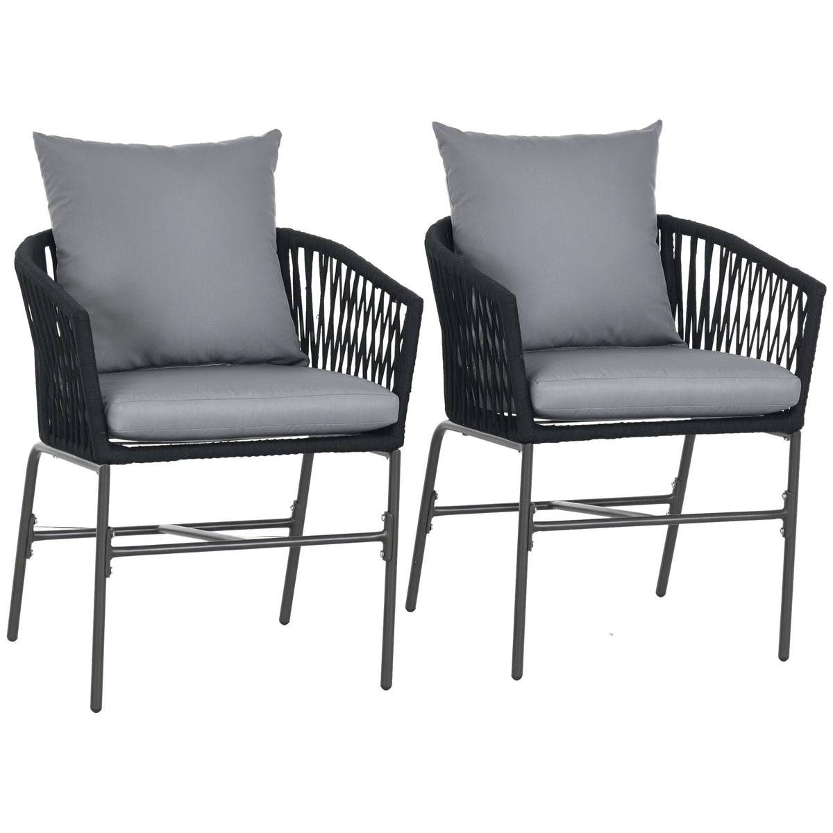 Outdoor Stühle, 2-er Set, Boho-Design, Sitz- und Rückenkissen, bequeme Sitzschale, Metallrahmen, Schwarz