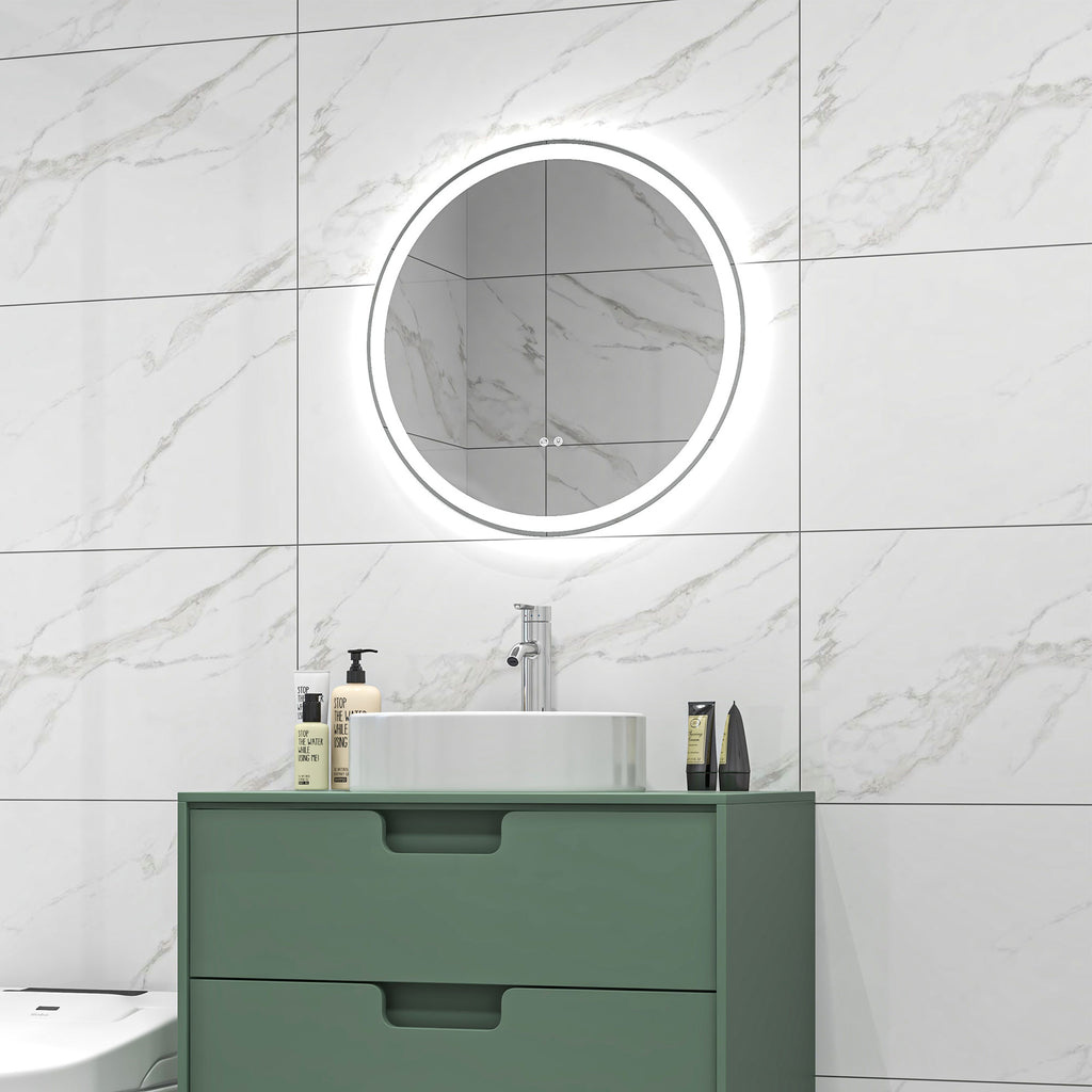 Round Bathroom Mirror with LED Lights, Wall Mount Dimmable Makeup Mirror with 3 Temperature Colours, Defogging Film and Memory Function, Frameless, Hardwired, 60 x 60 cm