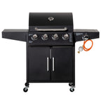  Gasgrill BBQ mit 3 Brennern je 3 kw mobiler Grillwagen mit 4 Rädern Grillnetz Seitentischen Druckminderer Schläuche Schrank Multifunktion Metall Schwarz 132,4cm x 55cm x 109cm