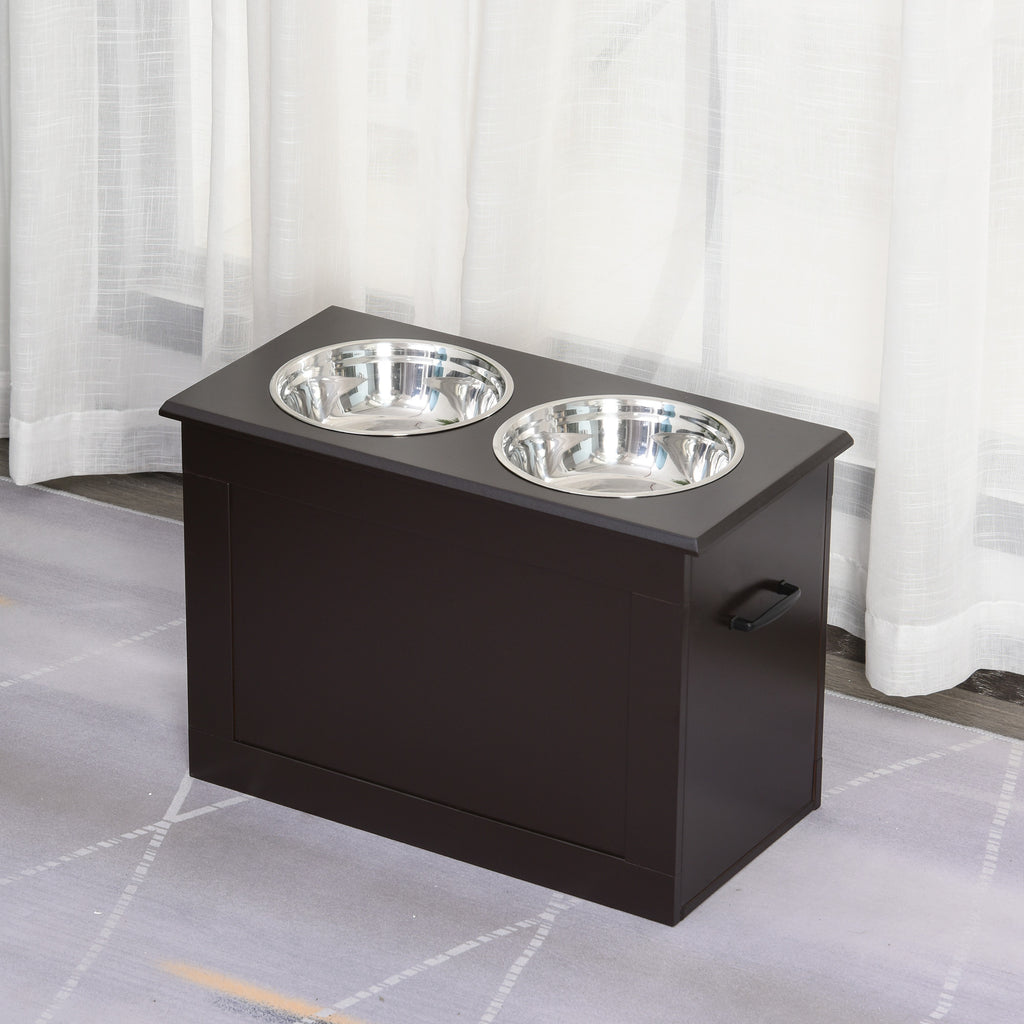 Futterstation, 2 Fressnäpfe aus Edelstahl, versteckter Stauraum, 60 cm x 30 cm x 41 cm, Schwarz + Silber
