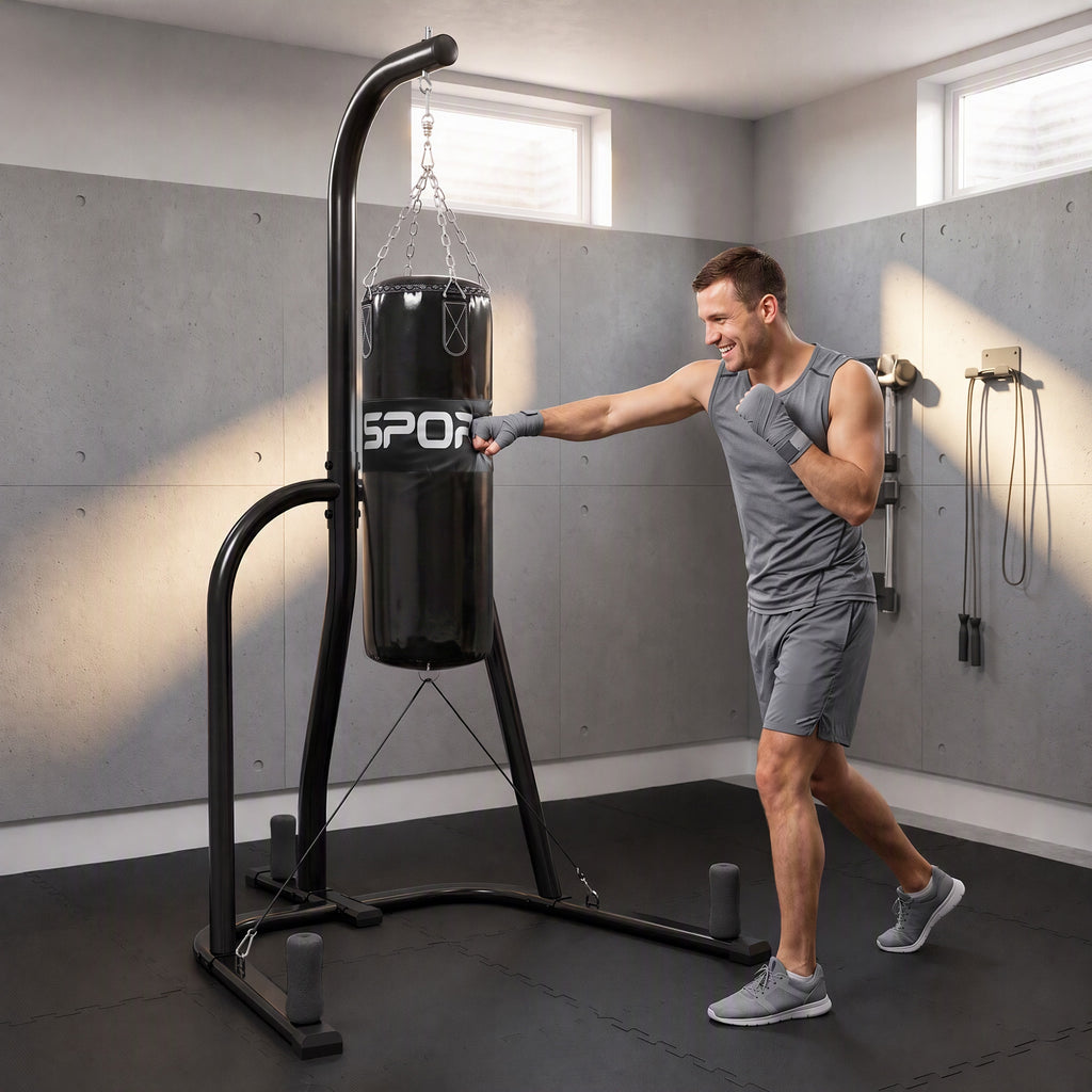 Boxsackständer Freistehender Boxsackhalter mit Boxsack Bungee-Seil 360° Kette U-basis Hantelscheibenhalterung Stahl