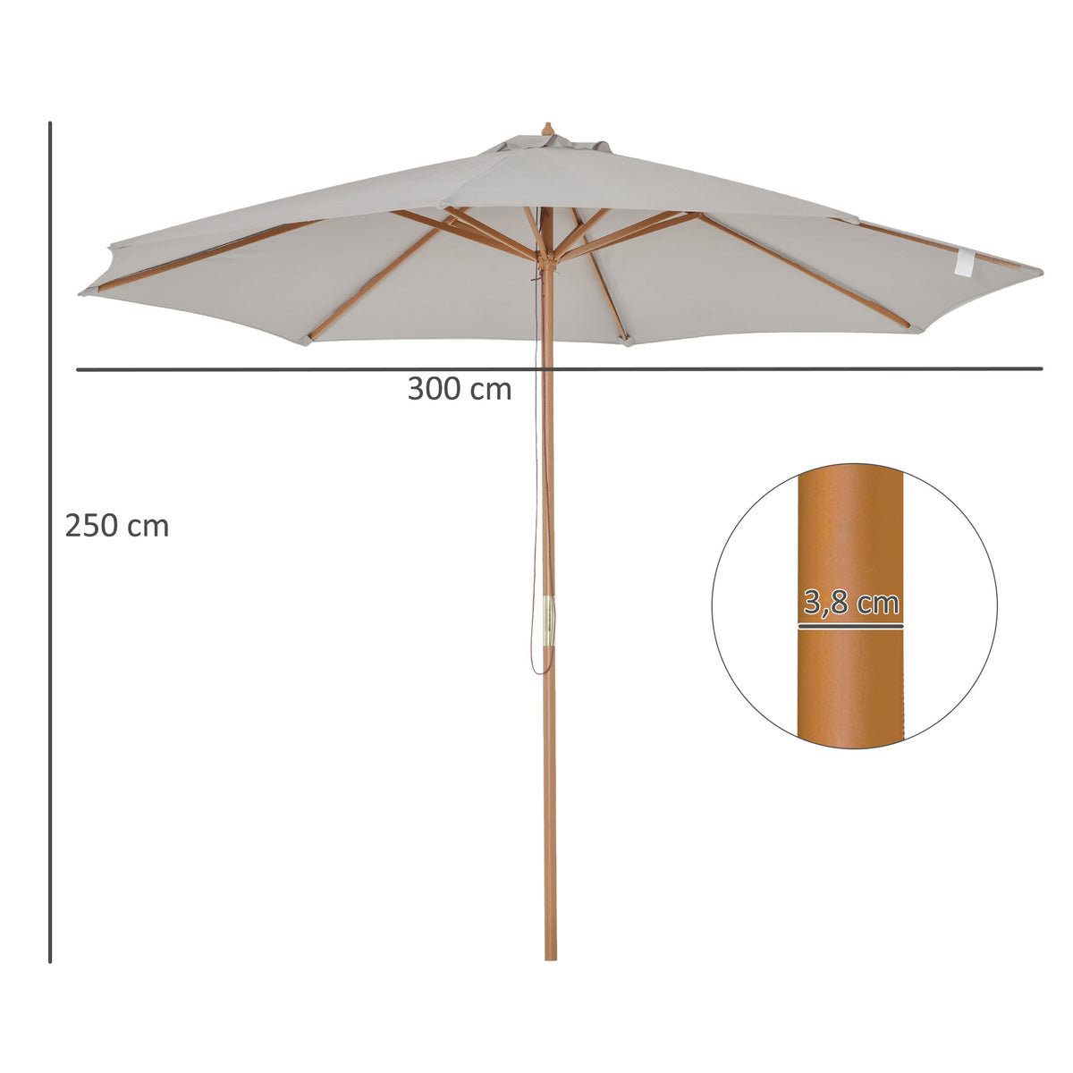 3(m) Garden Parasol, Pulley Operated Patio Umbrella, Wooden Parasol, Table Market Umbrella with Rope Pulley Mechanism and 8 Ribs, Grey