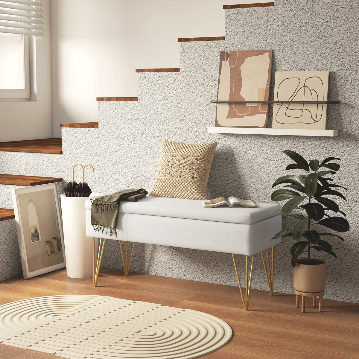 Bettbank mit Stauraum, dicke Polsterung, atmungsaktiver Stoff, Stahlf¨¹?e, 100x40x49 cm, Creme