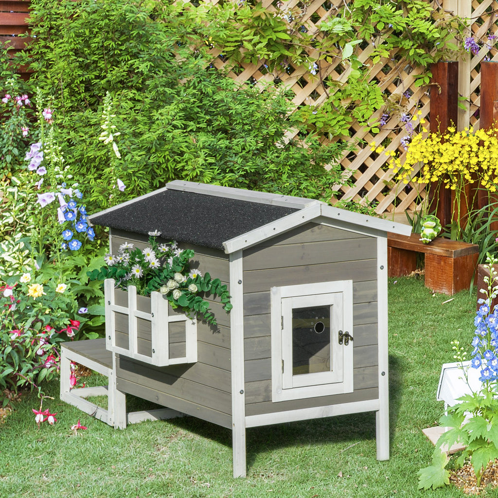 Katzenhaus aus Holz Winterfest wasserdicht Katzenhütte mit Asphaltdach Terrasse Katzenhöhle Katzenkiste Outdoor Schutzhütte für Draußen Garten Balkon 115 x 66,5 x 74,7 cm Grau+Weiß