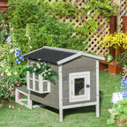 Katzenhaus aus Holz Winterfest wasserdicht Katzenhütte mit Asphaltdach Terrasse Katzenhöhle Katzenkiste Outdoor Schutzhütte für Draußen Garten Balkon 115 x 66,5 x 74,7 cm Grau+Weiß