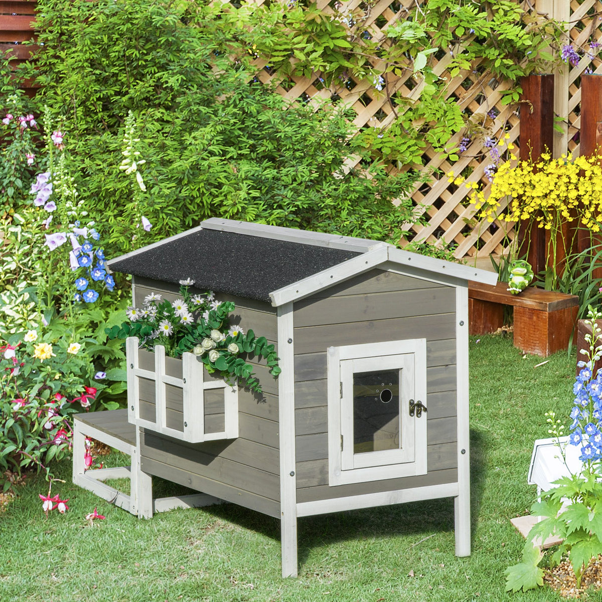 Katzenhaus aus Holz Winterfest wasserdicht Katzenhütte mit Asphaltdach Terrasse Katzenhöhle Katzenkiste Outdoor Schutzhütte für Draußen Garten Balkon 115 x 66,5 x 74,7 cm Grau+Weiß