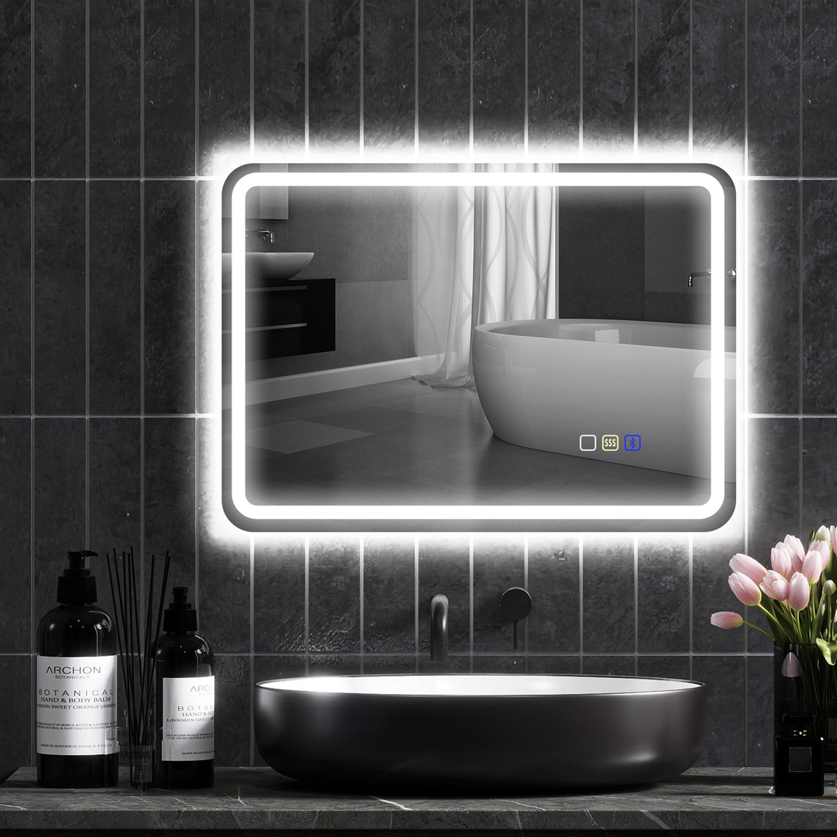 Badezimmerspiegel mit LED-Beleuchtung, Anti-Beschlags-Pad, 3 verstellbare Farben, Silberfarben