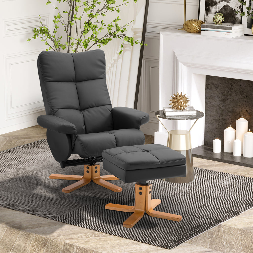 Relaxsessel mit Hocker, 360°drehbarer Fernsehsessel mit Liegefunktion Lesesessel für Schlafzimmer, Wohnzimmer, Kunstleder, Schwarz