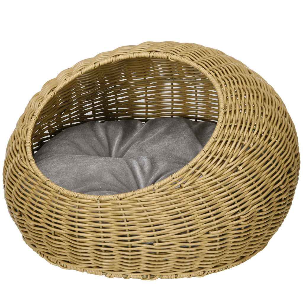 Katzenhöhle mit waschbarem Kissen, für Tiere bis 4 kg, Indoor, Kunst-Rattan, Ø50 x 31 cm, Hellbraun