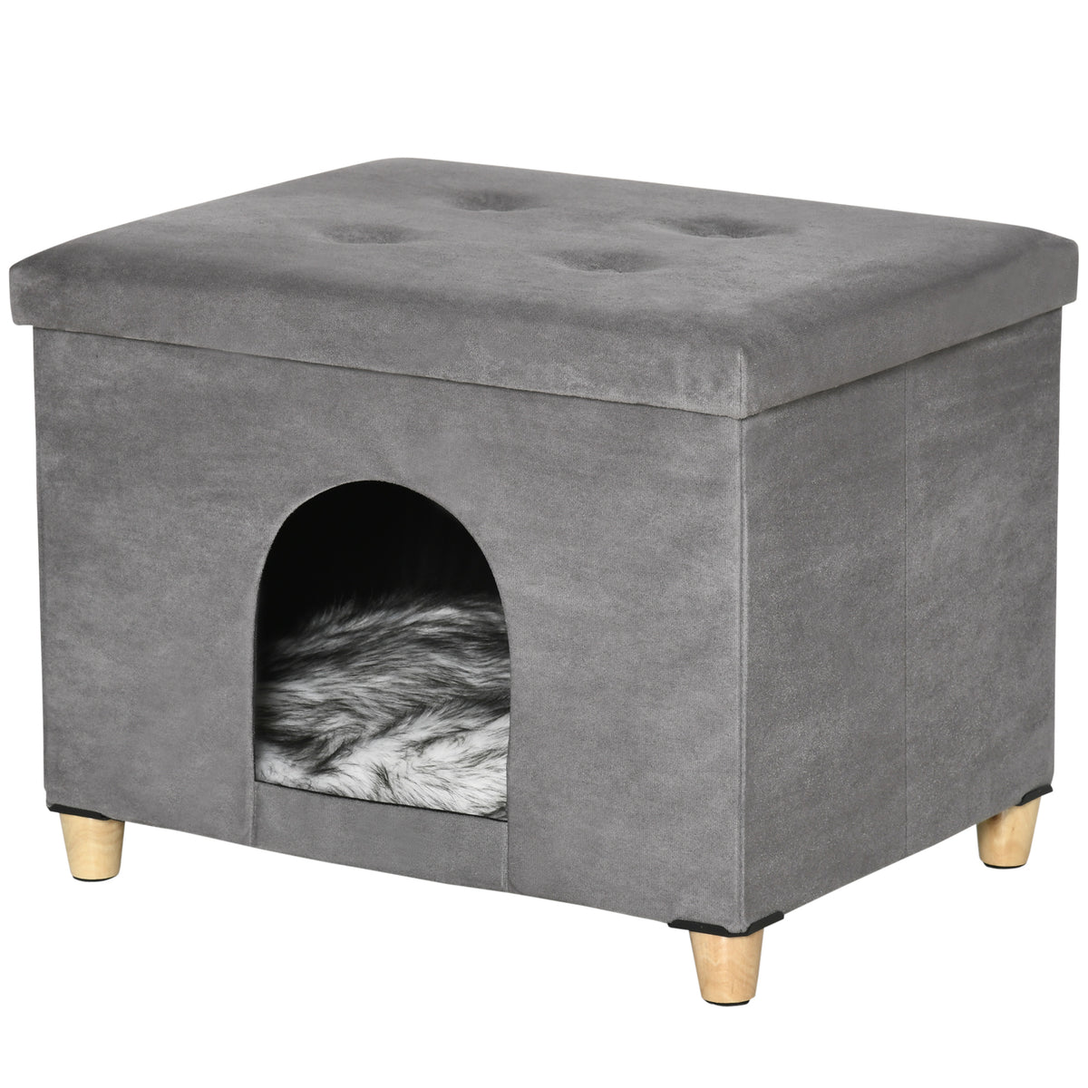 Katzenhöhle Katzenbett 2-IN-1 Katzenhaus Fußhocker mit Kissen Holzbeine Katzenzelt Haustierhaus Grau 60 x 45 x 44,5 cm