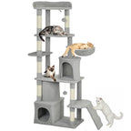 170 cm Large Cat Tree, Cat Tower with 7 Scratching Posts, Tunnel, 2 Condos, Hammock, Perch, Ramp, Pompoms, Light Grey
