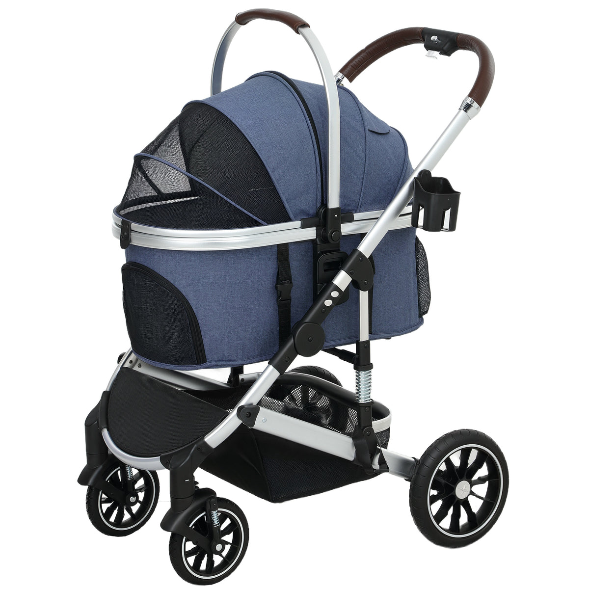 Hundewagen 3 in 1 Hundebuggy klappbar für Katzen bis 10 kg Katzenbuggy mit Kissen Becherhalter Dunkelblau