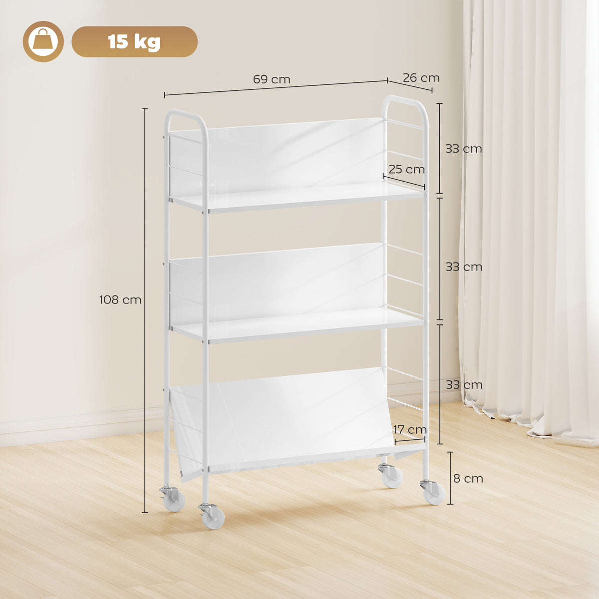 Bücherregal Aufbewahrungsregal mit 3 Ebenen, Rädern, Spielzeugregal für Schlafzimmer, 69 x 26 x 108 cm, Weiß