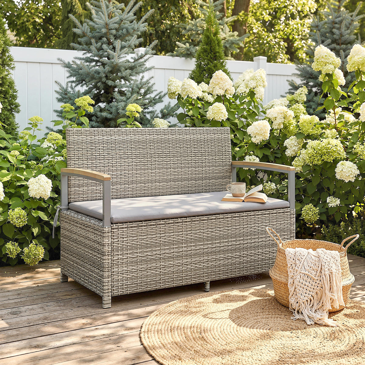 Gartenbank Polyrattan 170L 2-Sitzer Sitzbank mit Stauraum abnehmbar Kissen Reißverschluss-Innenauskleidung Holz-Armlehne