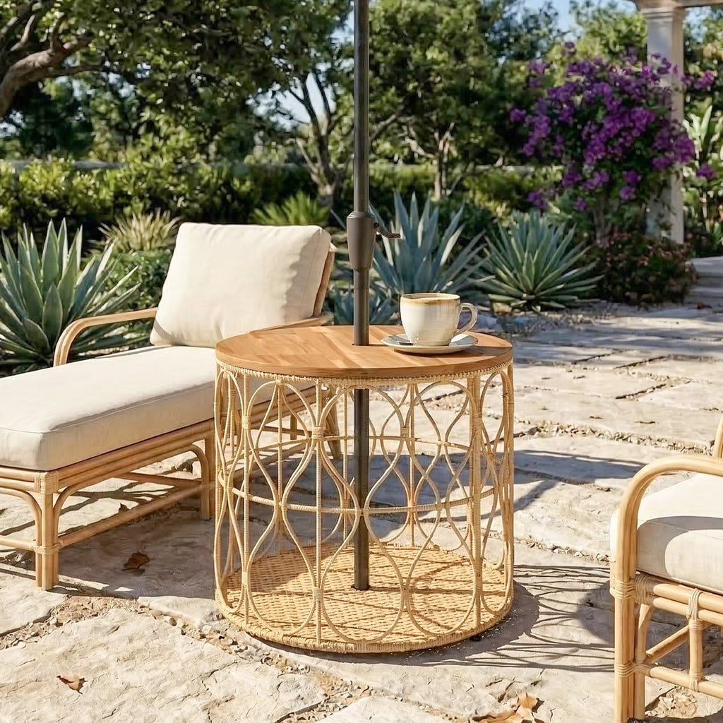 Beistelltisch Ø50 cm wetterfest Gartentisch mit Rattanoptik Akazienholzplatte verstellbaren Füßen Teak