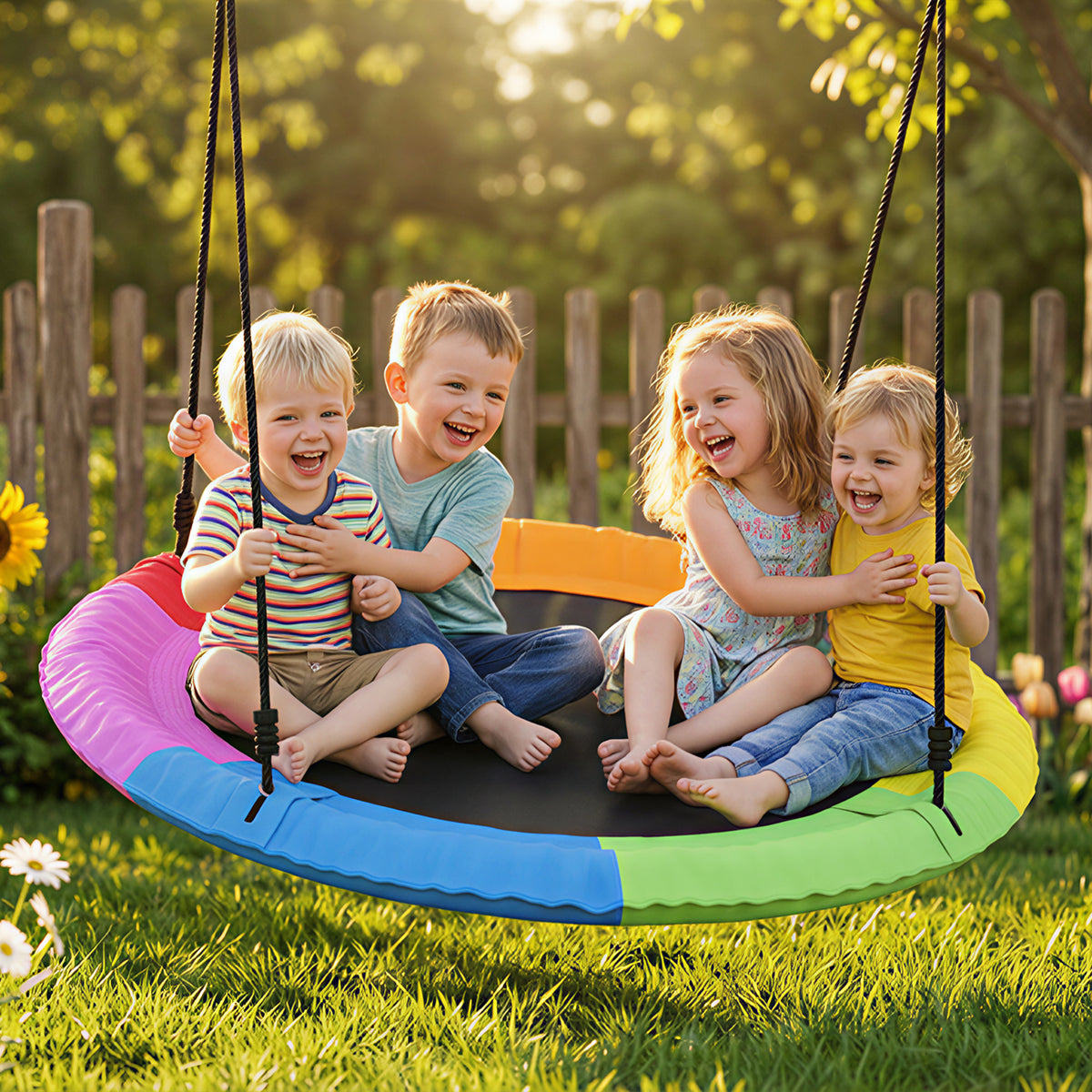Tree Swing Seat, 120cm Kids Saucer Swing with Adjustable Ropes and Tree Straps, 300kg Capacity, Multicolour