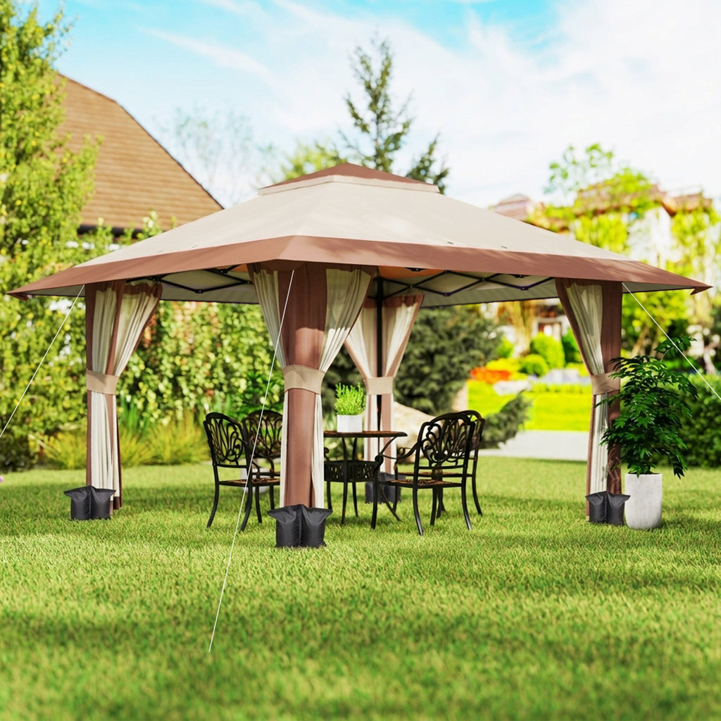 4 x 4 m Garten-Pavillon, Gartenzelt mit Netzwänden, UPF50+ Schutz, Höhenverstellbares Partyzelt, Beige