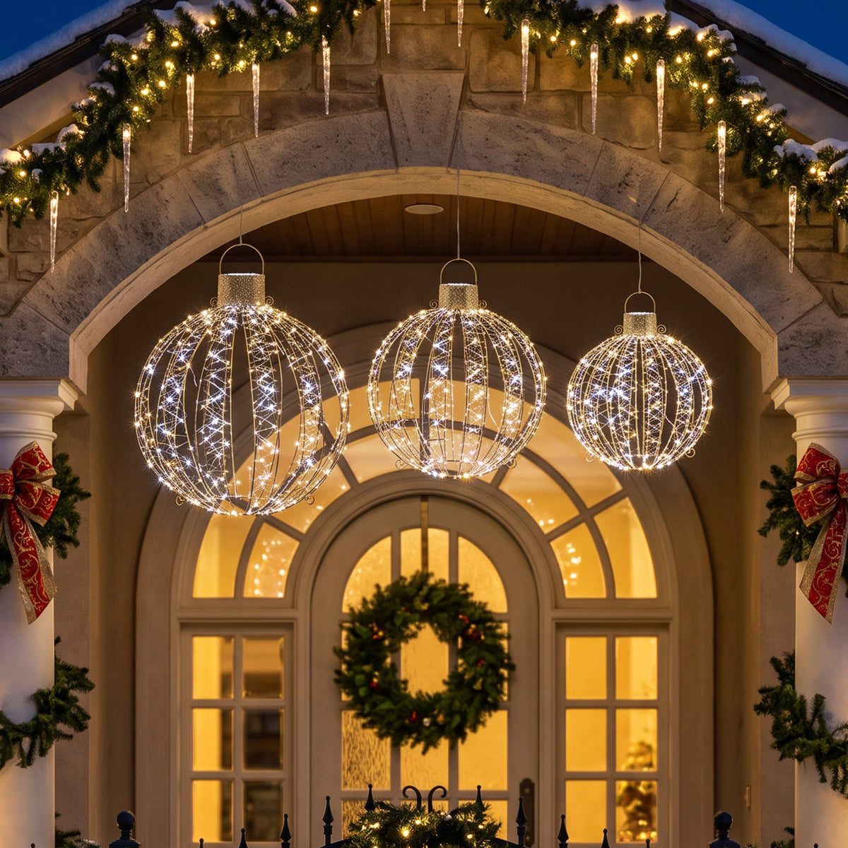 3-tlg. beleuchtetes Weihnachtskugel-Set für außen, 360 warmweiße/kaltweiße LEDs, Dauer- & Blinklicht, 24-Stunden-Timer