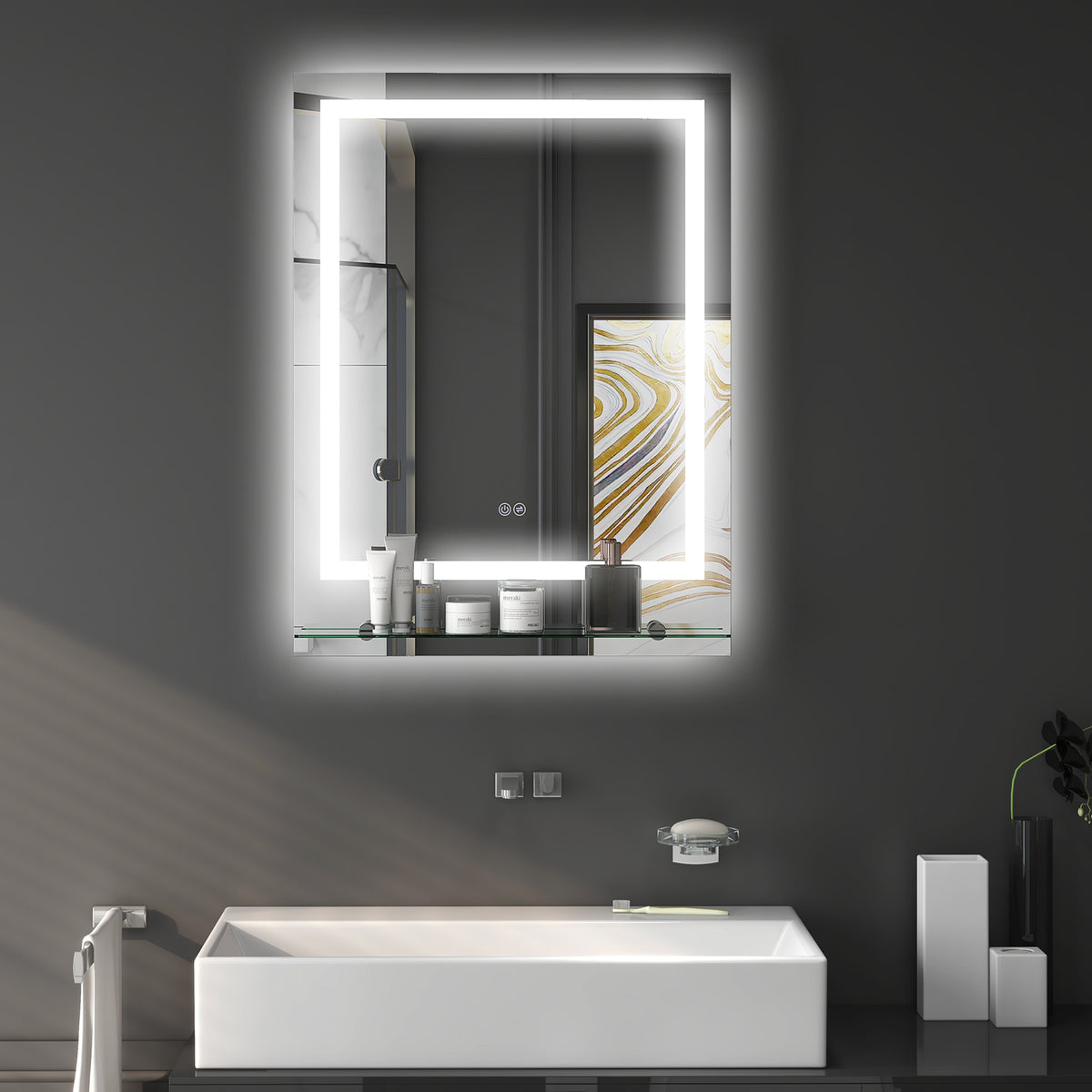 Large Vanity Mirror with Lights and Shelf, Illuminated bathroom Mirror with 3 Colour Brightness, Smart Touch, Anti-Fog