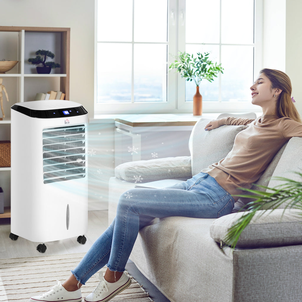10L 4 in 1 Mobile Klimaanlage mit Luftbefeuchtung Wasserkühlung Klimagerät Luftkühler 8h Timer Fernbedienung Nutzungsraum 20㎡ 60W ABS Weiß+Schwarz 38,2 x 31,6 x 76 cm