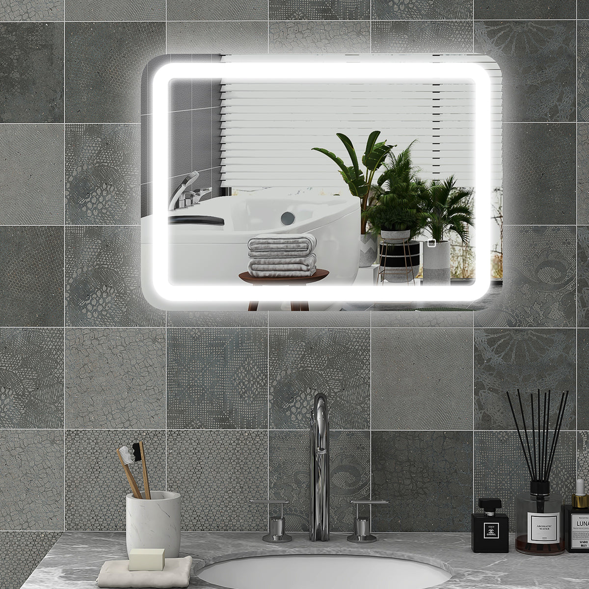 Badezimmerspiegel, beleuchtet, Touch-Steuerung, beschlagfrei, dimmbar, 3 Lichtfarben, 70x90, Silber
