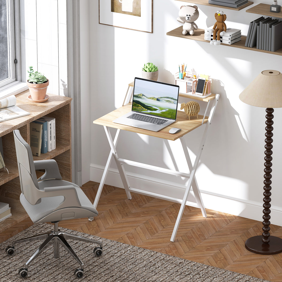70 cm Folding Computer Desk with Monitor Shelf - Natural Wood Finish