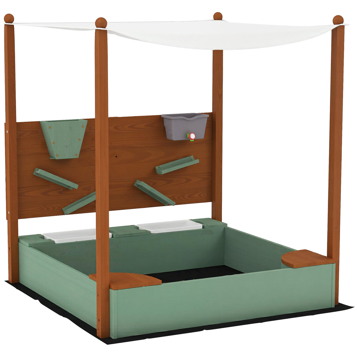 Wood Sandpit with Canopy, Storage Bins, Funnel, Liner, Chutes, Bucket with Tap, 116 x 112.5 x 128 cm, Green