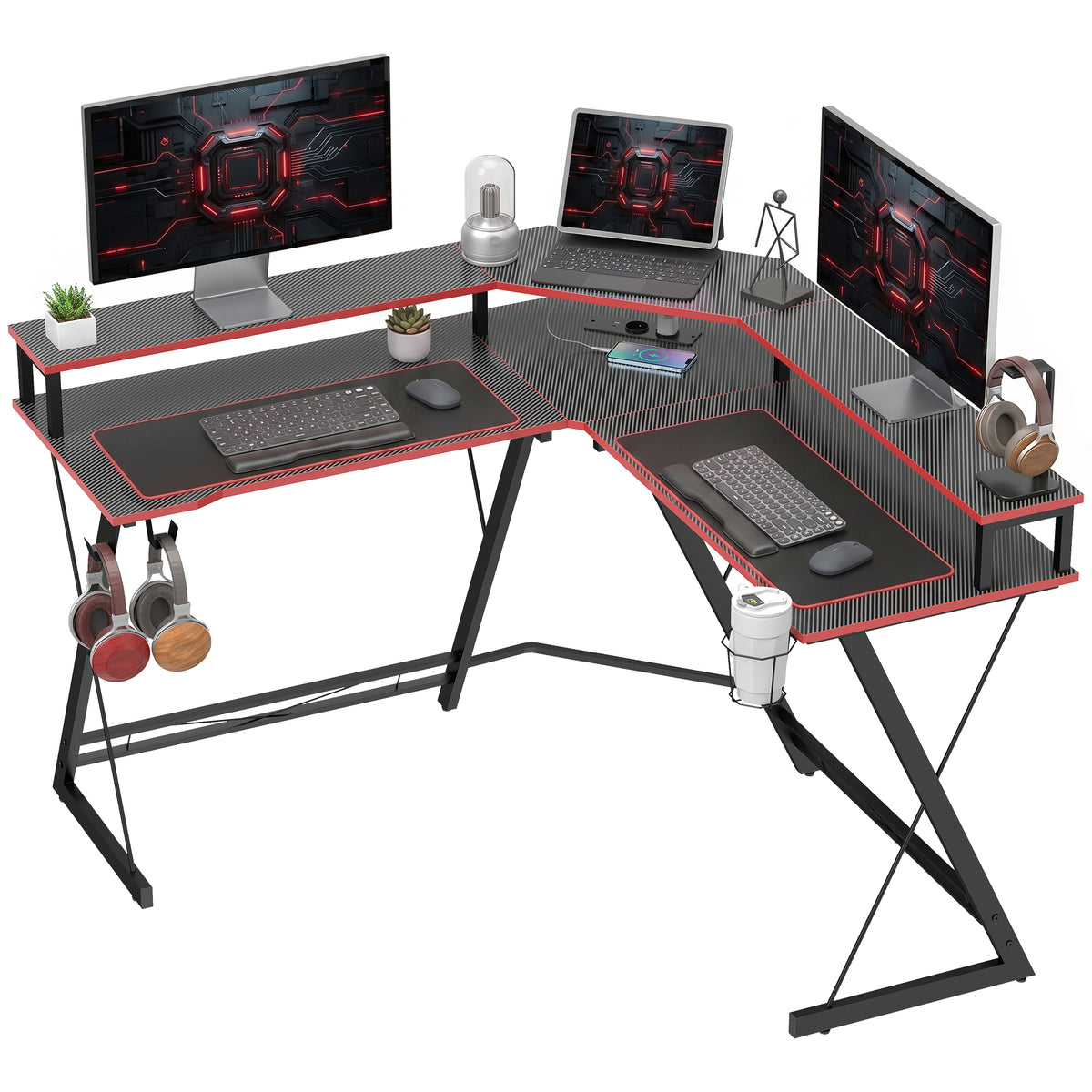 L-förmiger Computertisch mit Steckdosen, 128 cm Eckschreibtisch mit Monitorständer, Kopfhörerhaken & Getränkehalter