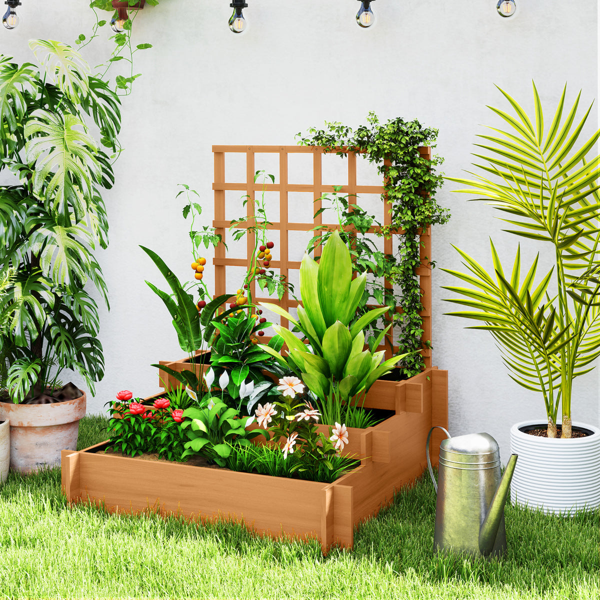 3 Tier Garden Planters with Trellis for Vine Climbing, Wooden Raised Beds, 95x95x110cm, Brown