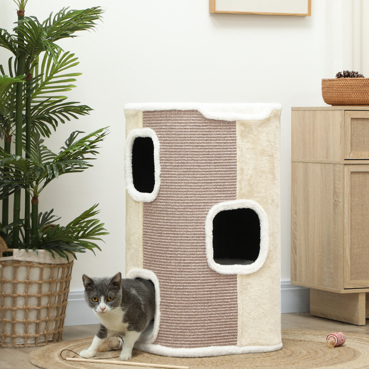 Kratztonne für Katzen, Katzenbaum, 3 Ebenen, robust, weicher Plüsch, Rückzugsort, Beige