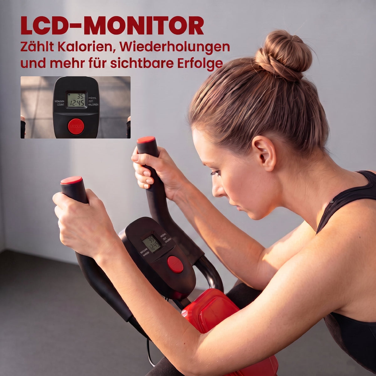 Bauchtrainer, Klappbarer Bauchmuskeltrainer mit LCD-Anzeige, Doppel-Schienen belastbar bis 120 kg, Stahl, Rot