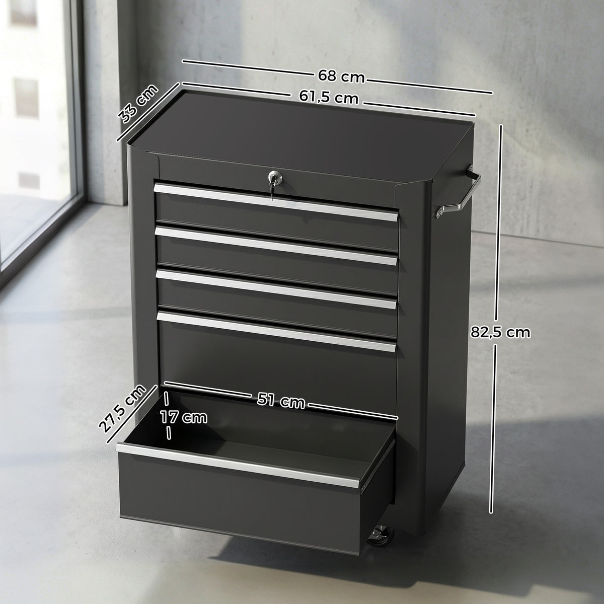 5-Drawer Tool Chest, Lockable Steel Tool Storage Cabinet with Wheels and Handle Tool Box for Garage, Workshop, Black