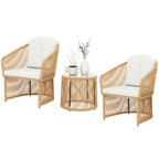 Rattan-Bistro-Set, 3-teiliges Gartenmöbel-Set mit rundem Glastisch, Sesseln und Kissen, Cremeweiß