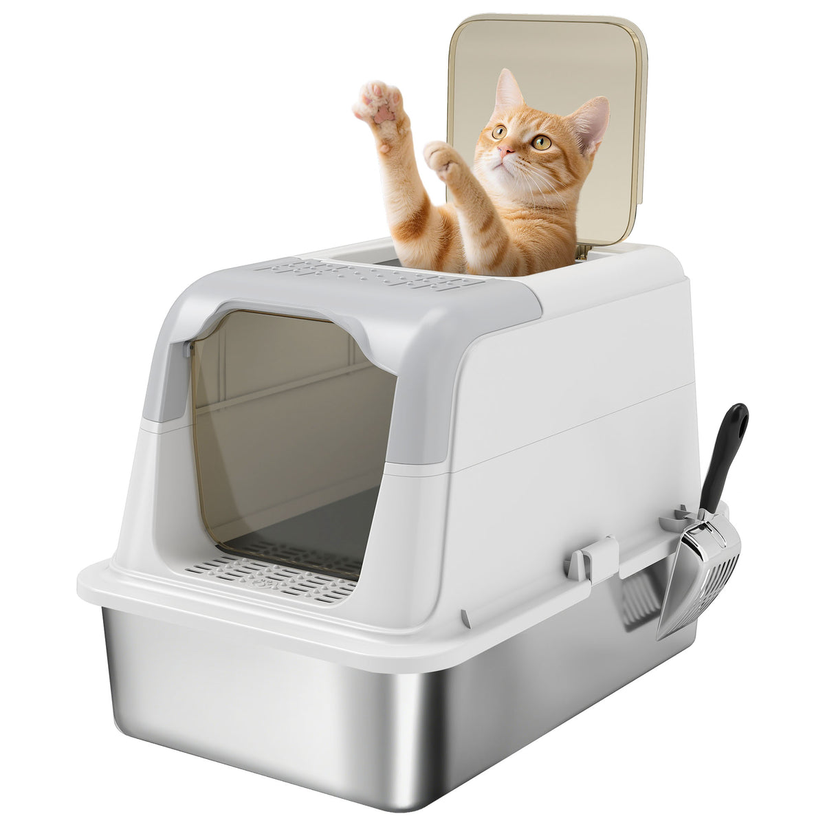 Extra Large Stainless Steel Litter Box, Enclosed Cat Litter Tray with Scoop, Deodorizer Bag, Front-Entry and Top-Exit